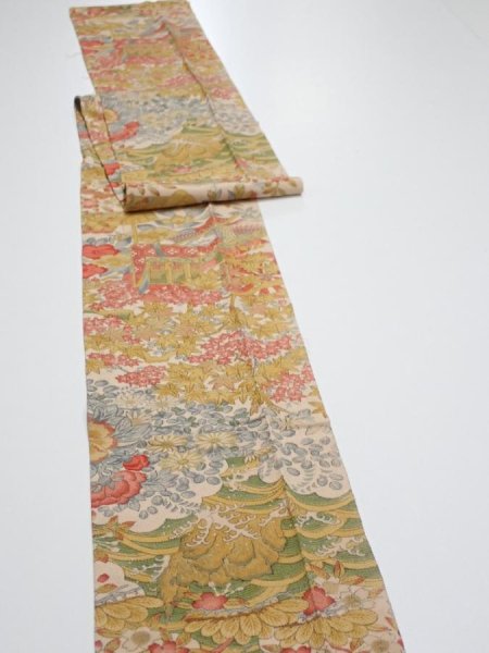 Photo3: 2Q09z50  Japanese Kimono Silk  FABRIC Royal cart Light brown-gray 80.3x6.7 (3)
