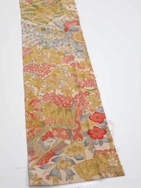 Photo3: 2Q10z30  Japanese Kimono Silk  FABRIC Royal cart Light brown-gray 41.7x6.7 (3)