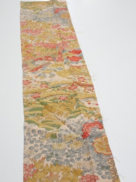 Photo4: 2Q10z30  Japanese Kimono Silk  FABRIC Royal cart Light brown-gray 41.7x6.7 (4)