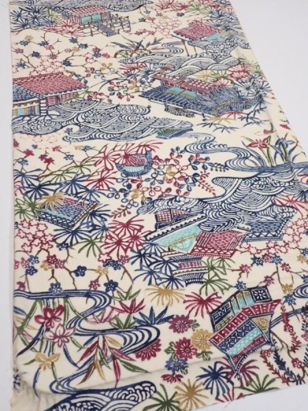 Photo2: 2W01z70  Japanese Kimono Silk  FABRIC House Off-white 43.7x14.2 (2)