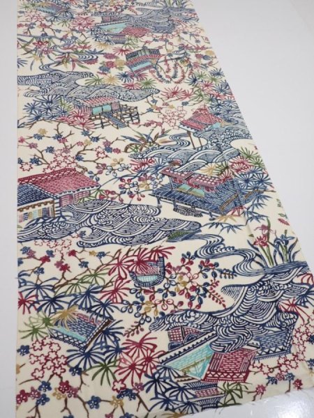 Photo2: 2W03z90  Japanese Kimono Silk  FABRIC House Off-white 60.2x14.2 (2)
