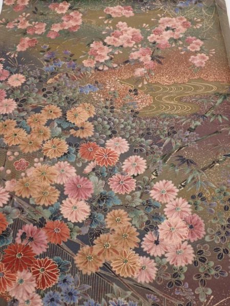 Photo1: 2W01z40  Japanese Kimono Silk  FABRIC Flowers Dark olive 37.4x14.2 (1)