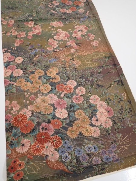 Photo2: 2W01z40  Japanese Kimono Silk  FABRIC Flowers Dark olive 37.4x14.2 (2)