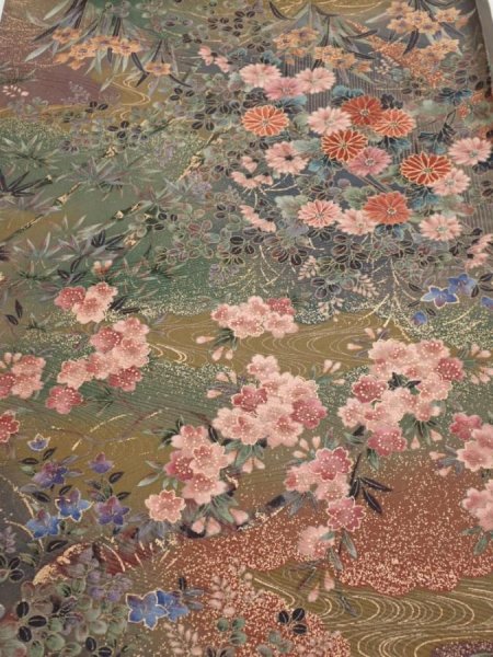 Photo1: 2W02z40  Japanese Kimono Silk  FABRIC Flowers Dark olive 38.6x14.2 (1)