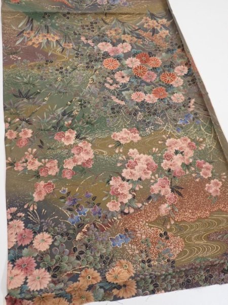Photo2: 2W02z40  Japanese Kimono Silk  FABRIC Flowers Dark olive 38.6x14.2 (2)