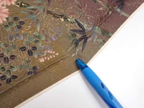 Photo7: 2W02z40  Japanese Kimono Silk  FABRIC Flowers Dark olive 38.6x14.2 (7)