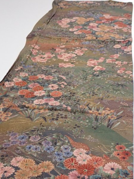 Photo3: 2W03z60  Japanese Kimono Silk  FABRIC Flowers Dark olive 61.4x14.2 (3)