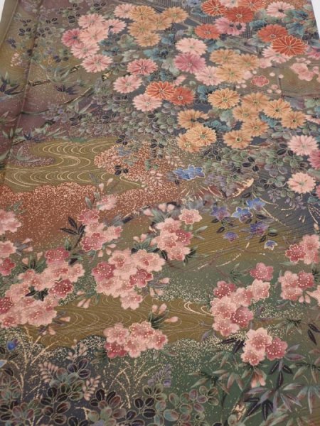 Photo1: 2W05z60  Japanese Kimono Silk  FABRIC Flowers Dark olive 63.0x14.2 (1)