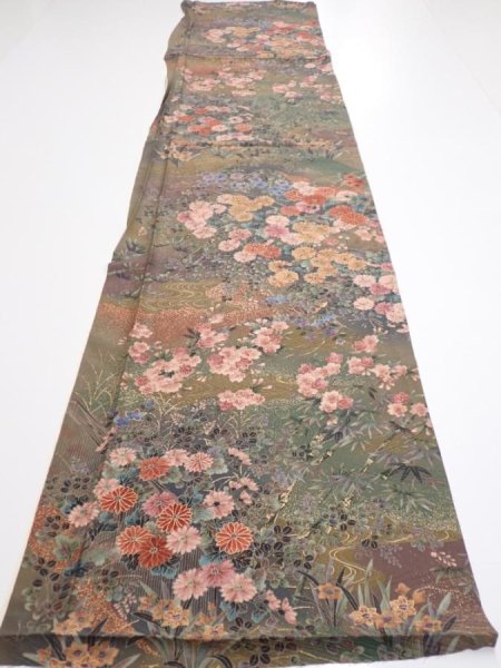 Photo5: 2W05z60  Japanese Kimono Silk  FABRIC Flowers Dark olive 63.0x14.2 (5)