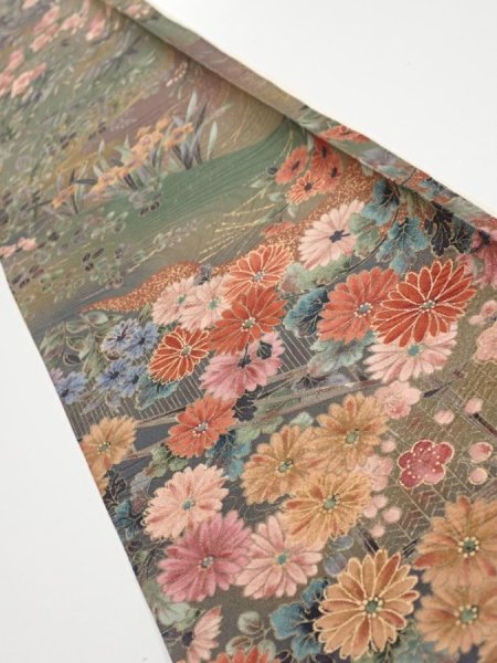 Photo1: 2W08z30  Japanese Kimono Silk  FABRIC Flowers Dark olive 55.5x7.3 (1)