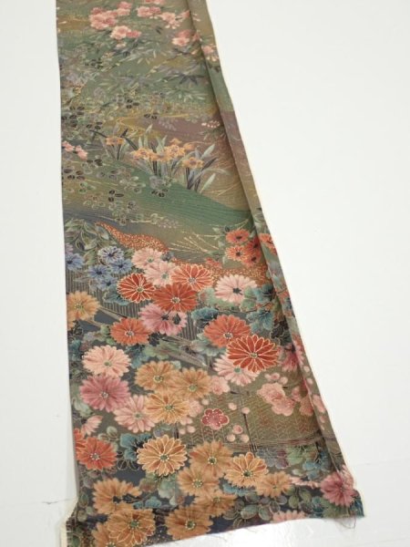 Photo2: 2W08z30  Japanese Kimono Silk  FABRIC Flowers Dark olive 55.5x7.3 (2)