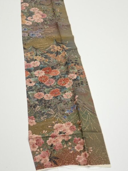 Photo2: 2W09z40  Japanese Kimono Silk  FABRIC Flowers Dark olive 76.4x6.7 (2)