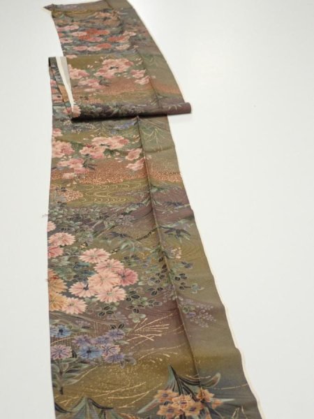 Photo3: 2W09z40  Japanese Kimono Silk  FABRIC Flowers Dark olive 76.4x6.7 (3)