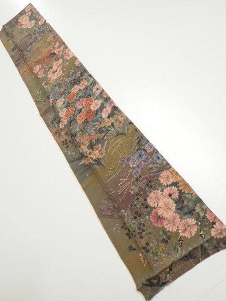 Photo1: 2W10z20  Japanese Kimono Silk  FABRIC Flowers Dark olive 35.0x6.7 (1)