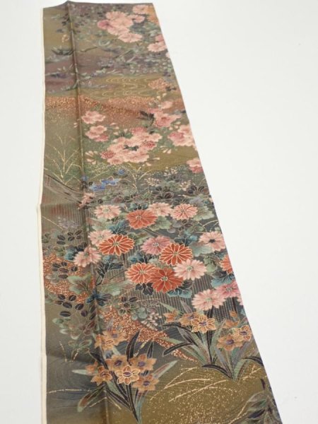 Photo3: 2W10z20  Japanese Kimono Silk  FABRIC Flowers Dark olive 35.0x6.7 (3)
