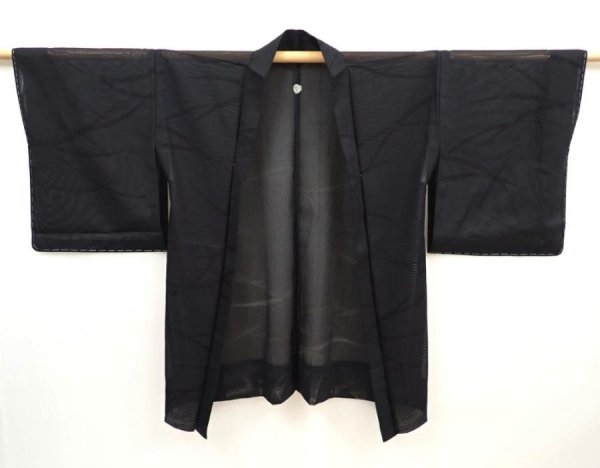 Photo2: 5822T03z310 Vintage Japanese Kimono Silk See through HAORI  Black (2)