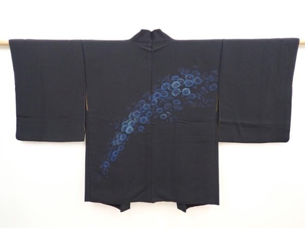 Photo1: 5822T05z530 Vintage Japanese Kimono Silk HAORI Chrysanthemum Black (1)
