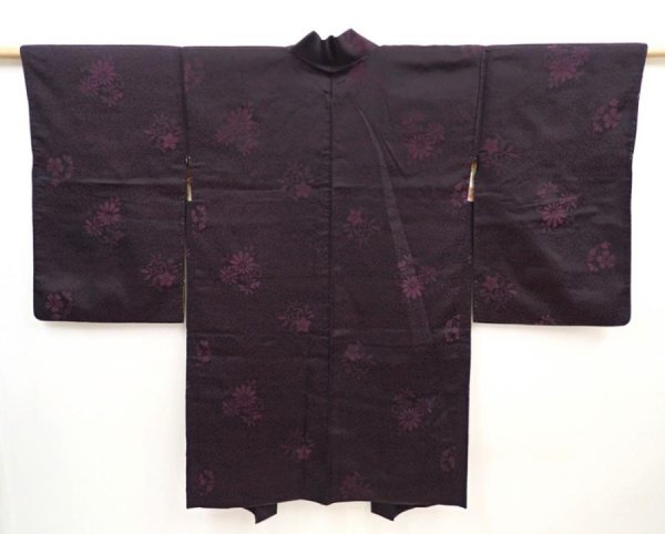 Photo1: 5822T08z500 Vintage Japanese Kimono Silk LONG HAORI Flowers Dark grape (1)
