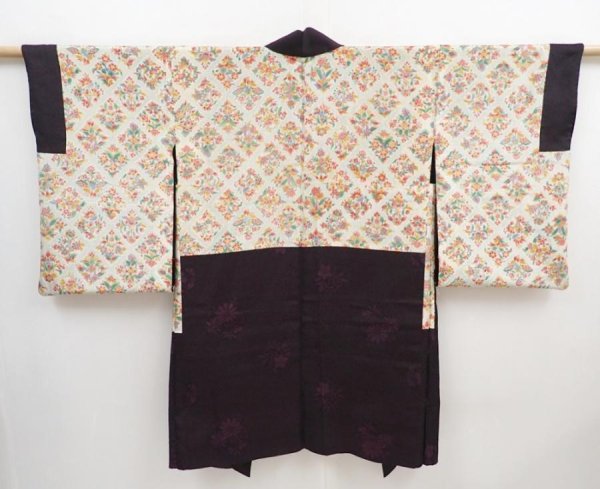 Photo6: 5822T08z500 Vintage Japanese Kimono Silk LONG HAORI Flowers Dark grape (6)