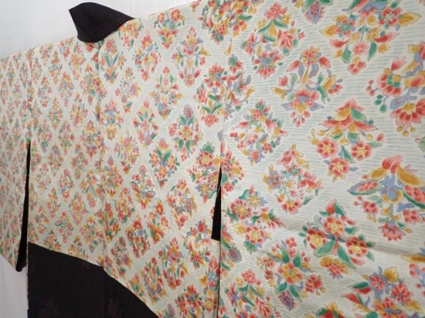 Photo7: 5822T08z500 Vintage Japanese Kimono Silk LONG HAORI Flowers Dark grape (7)