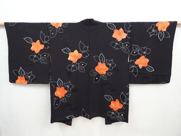 Photo1: 5822T09z560 Vintage Japanese Kimono Silk HAORI Flower Black (1)