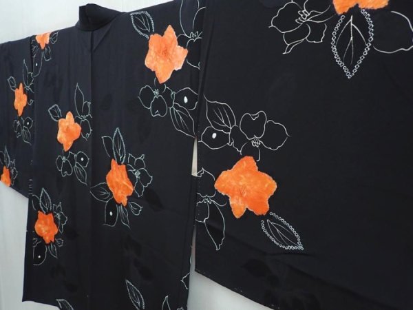Photo2: 5822T09z560 Vintage Japanese Kimono Silk HAORI Flower Black (2)
