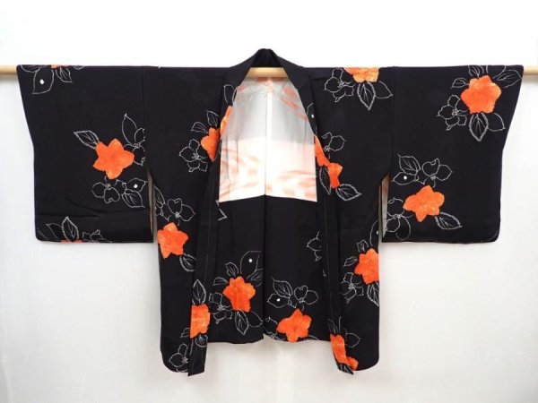 Photo5: 5822T09z560 Vintage Japanese Kimono Silk HAORI Flower Black (5)