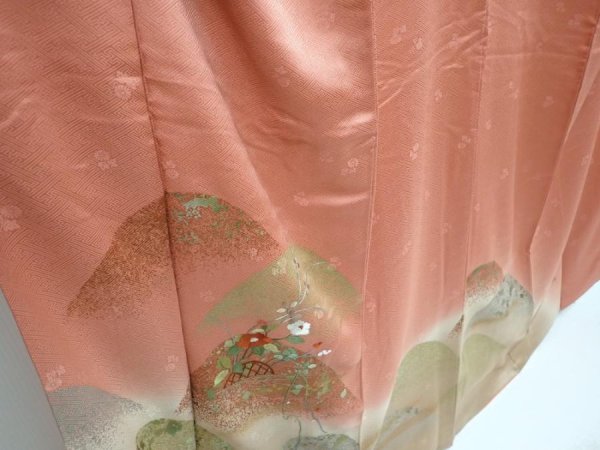 Photo3: 5822T11z990  Japanese Kimono Silk TSUKESAGE Camellia Dark coral (3)
