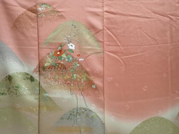 Photo8: 5822T11z990  Japanese Kimono Silk TSUKESAGE Camellia Dark coral (8)