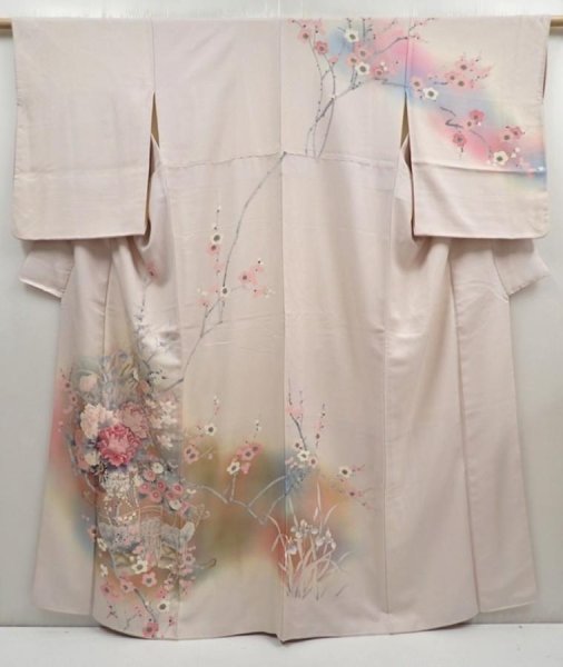 Photo1: 5822T12z1050  Japanese Kimono Silk TSUKESAGE Flowers Light gray (1)