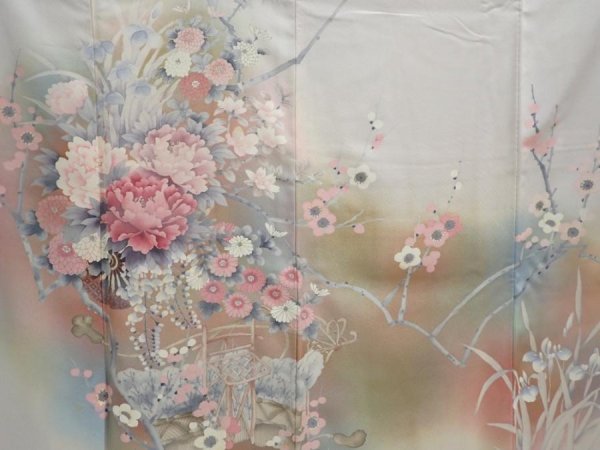 Photo8: 5822T12z1050  Japanese Kimono Silk TSUKESAGE Flowers Light gray (8)