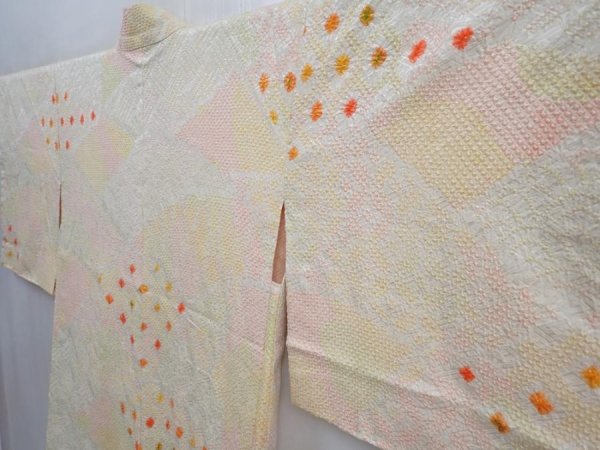 Photo2: 5906T05z450 Vintage Japanese Kimono Silk SHIBORI HAORI  Light yellow (2)