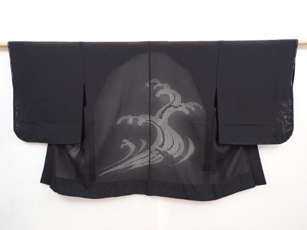 Photo1: 5906T07z250 Vintage Japanese Kimono Silk See through HAORI Wave Black (1)