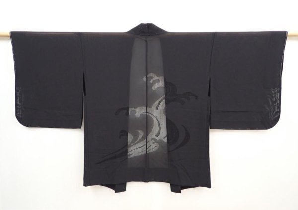 Photo4: 5906T07z250 Vintage Japanese Kimono Silk See through HAORI Wave Black (4)