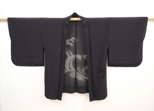 Photo6: 5906T07z250 Vintage Japanese Kimono Silk See through HAORI Wave Black (6)