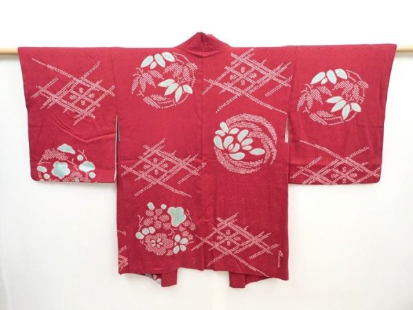 Photo1: 5906T10z450 Vintage Japanese Kimono Silk HAORI Flowers Wine red (1)