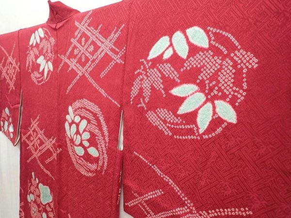 Photo2: 5906T10z450 Vintage Japanese Kimono Silk HAORI Flowers Wine red (2)