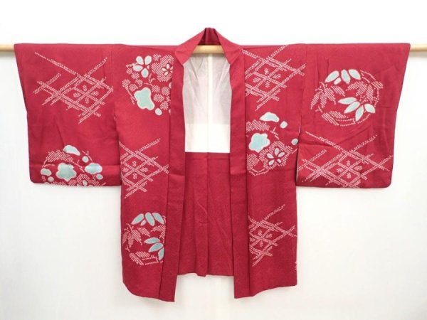 Photo5: 5906T10z450 Vintage Japanese Kimono Silk HAORI Flowers Wine red (5)