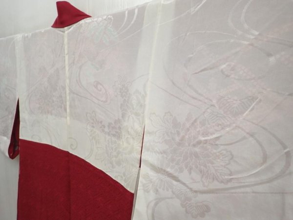 Photo7: 5906T10z450 Vintage Japanese Kimono Silk HAORI Flowers Wine red (7)
