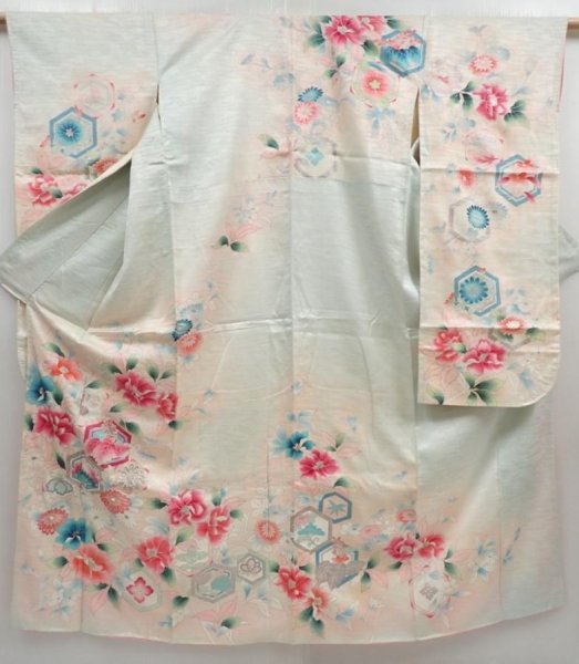 Photo1: 5906T11z910 Vintage Japanese Kimono Silk FURISODE Flowers Light blue (1)