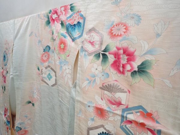 Photo2: 5906T11z910 Vintage Japanese Kimono Silk FURISODE Flowers Light blue (2)