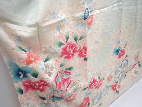 Photo3: 5906T11z910 Vintage Japanese Kimono Silk FURISODE Flowers Light blue (3)