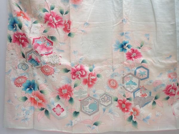 Photo5: 5906T11z910 Vintage Japanese Kimono Silk FURISODE Flowers Light blue (5)