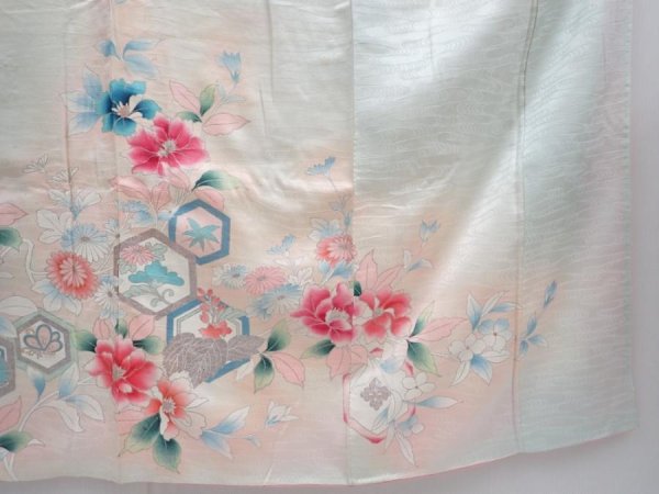 Photo7: 5906T11z910 Vintage Japanese Kimono Silk FURISODE Flowers Light blue (7)