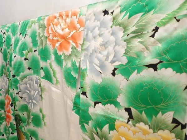 Photo2: 5906T12z960 Vintage Japanese Kimono Silk FURISODE Peony Green (2)