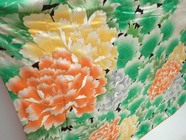 Photo3: 5906T12z960 Vintage Japanese Kimono Silk FURISODE Peony Green (3)
