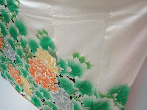 Photo4: 5906T12z960 Vintage Japanese Kimono Silk FURISODE Peony Green (4)