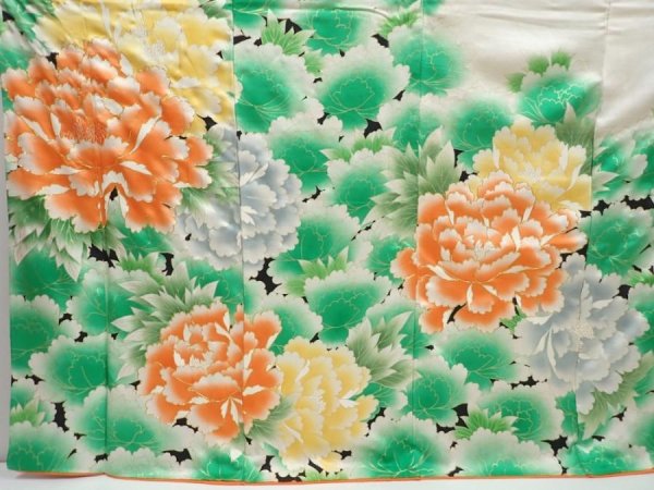 Photo5: 5906T12z960 Vintage Japanese Kimono Silk FURISODE Peony Green (5)