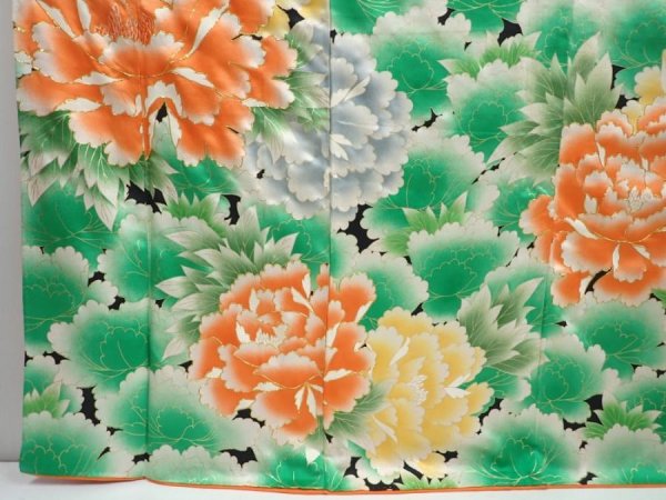 Photo6: 5906T12z960 Vintage Japanese Kimono Silk FURISODE Peony Green (6)