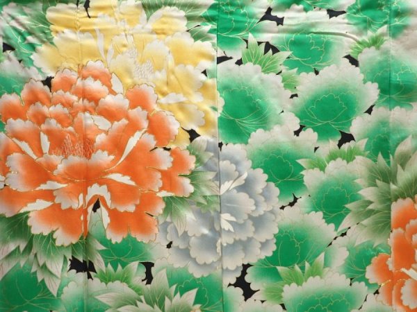 Photo8: 5906T12z960 Vintage Japanese Kimono Silk FURISODE Peony Green (8)